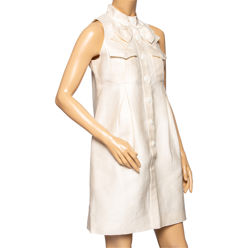 

Chanel Cream Textured Silk Bow Detailed Button Front Short Dress