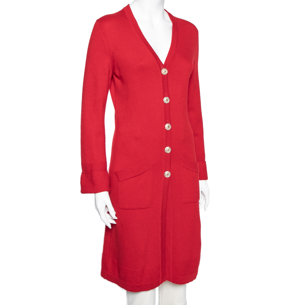 

Chanel Red Cashmere Button Front Long Cardigan