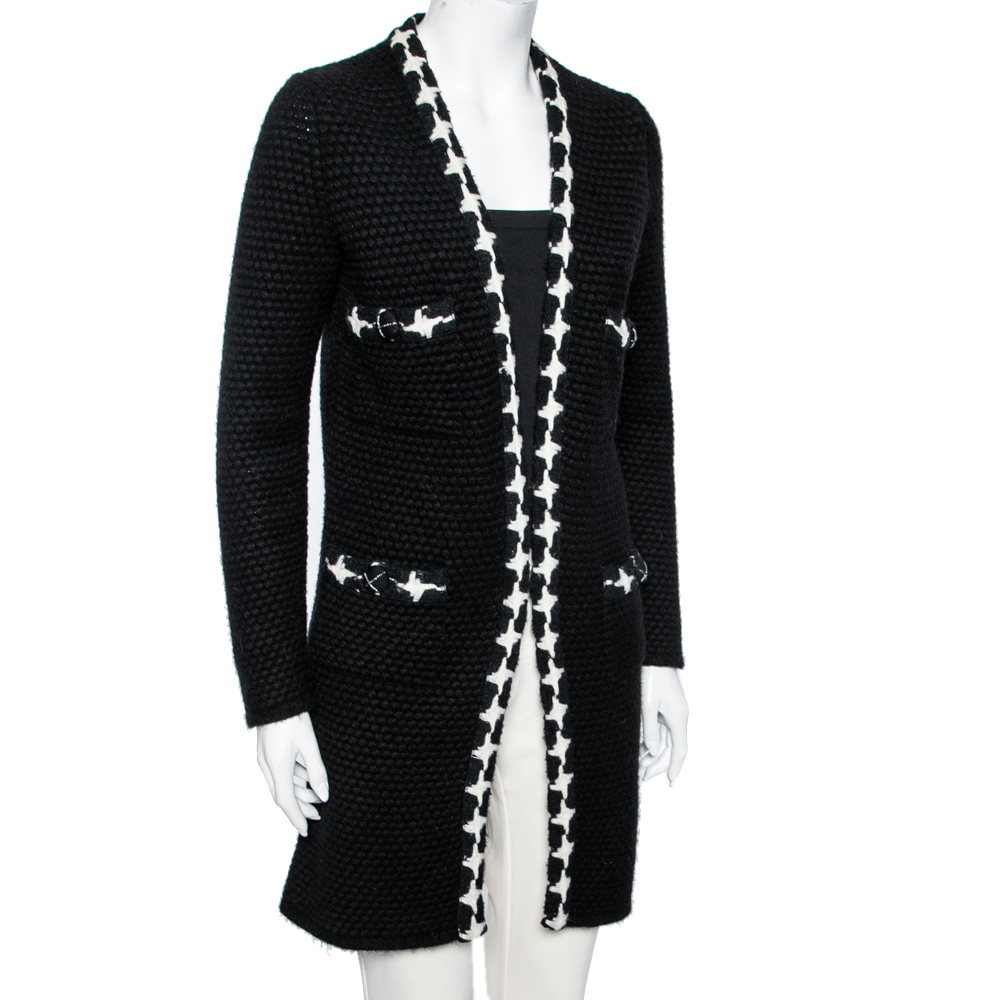 

Chanel Black Textured Cashmere Knit & Wool Trimmed Open Front Cardigan