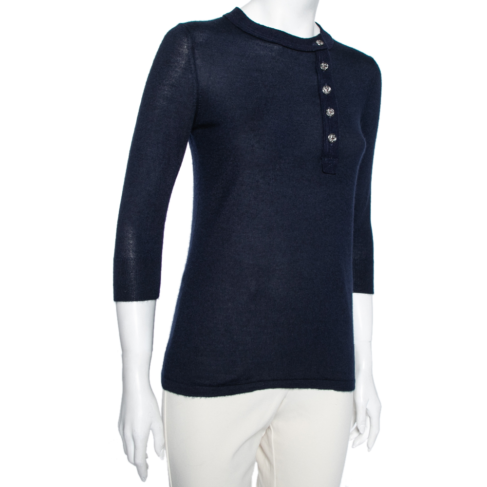 

Chanel Navy Blue Cashmere & Silk Button Front Sweater