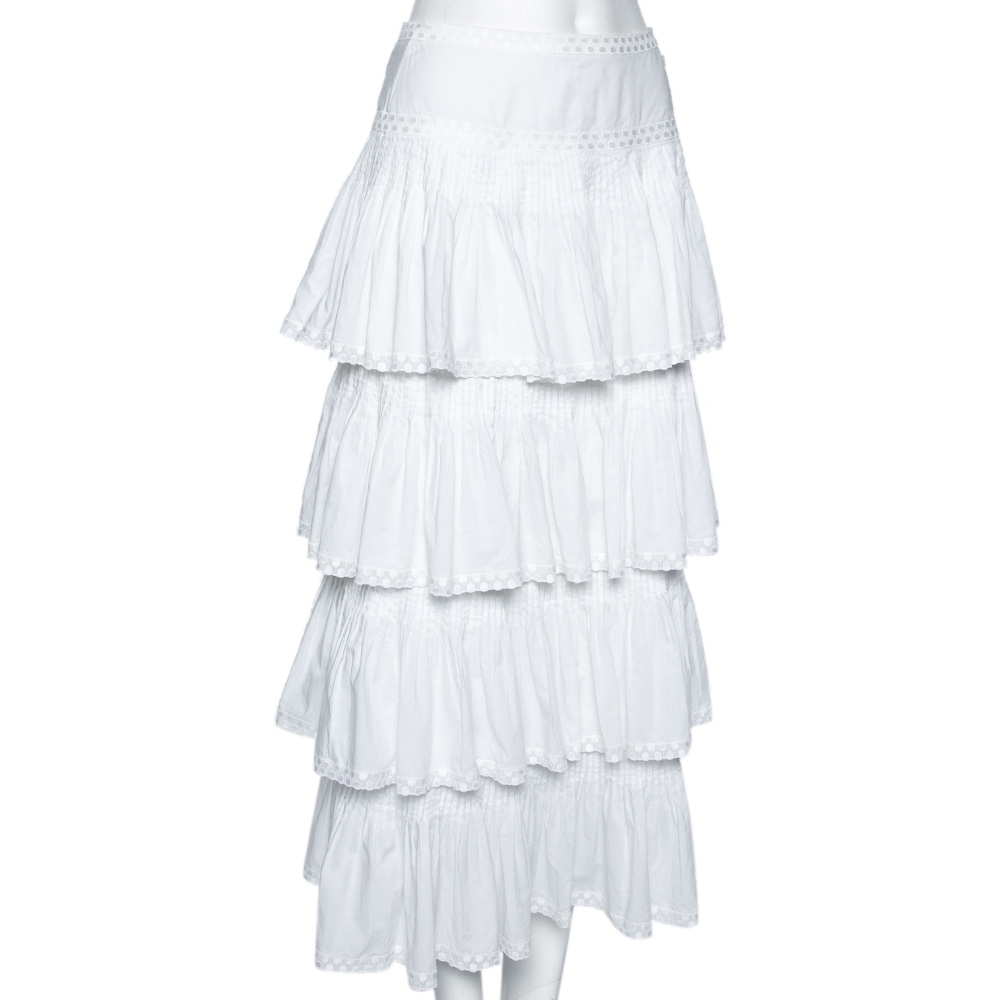 

Chanel White Cotton Scallop Trimmed Tiered Midi Skirt