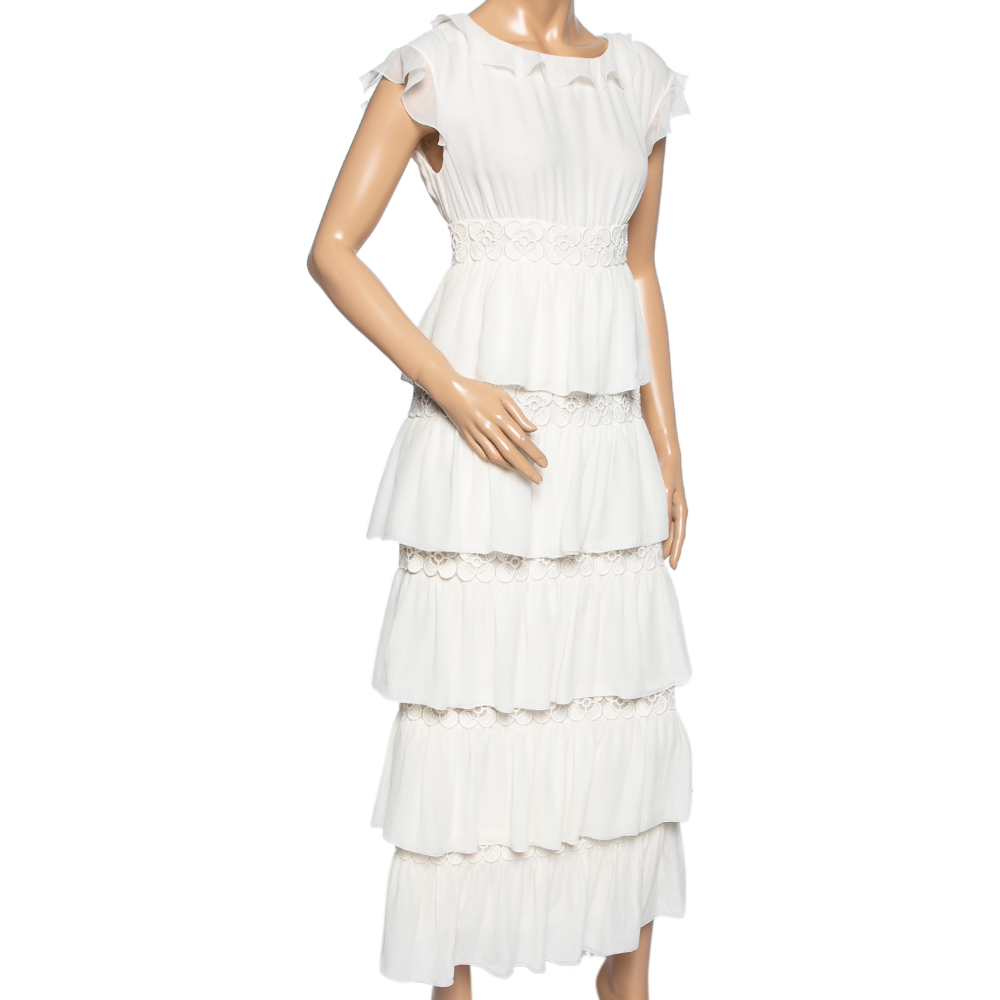 

Chanel Cream Silk Floral Trimmed Tiered Dress