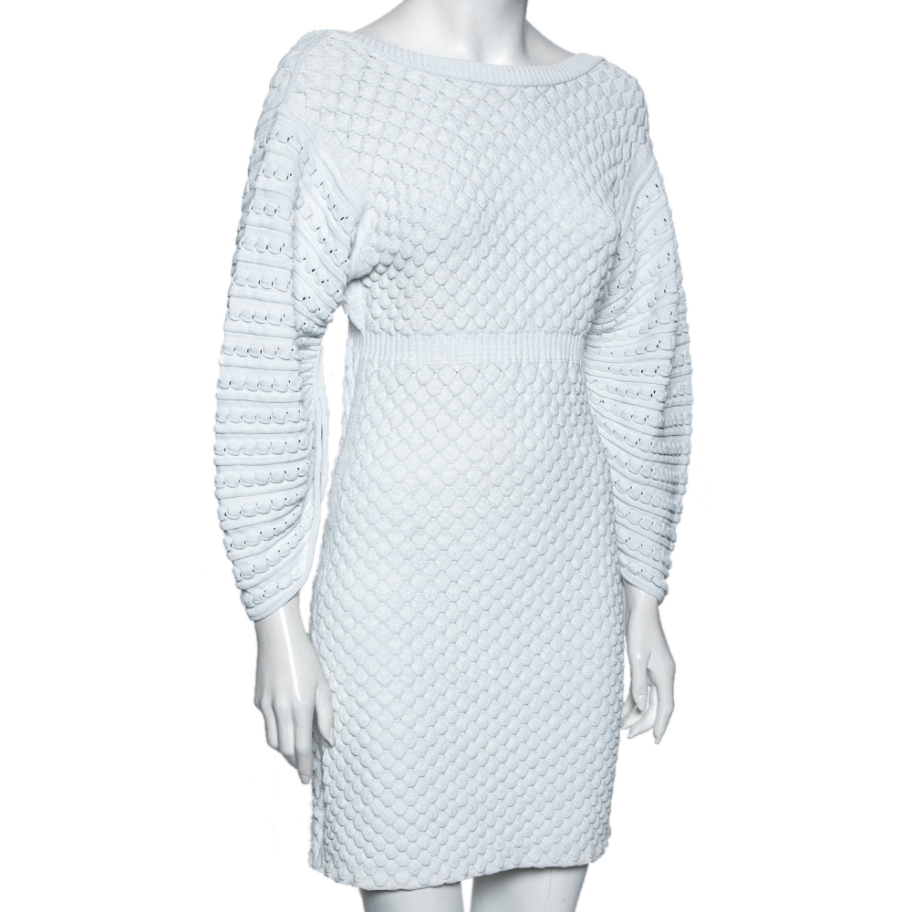 

Chanel White Patterned Knit Cross Strap Open Back Mini Dress