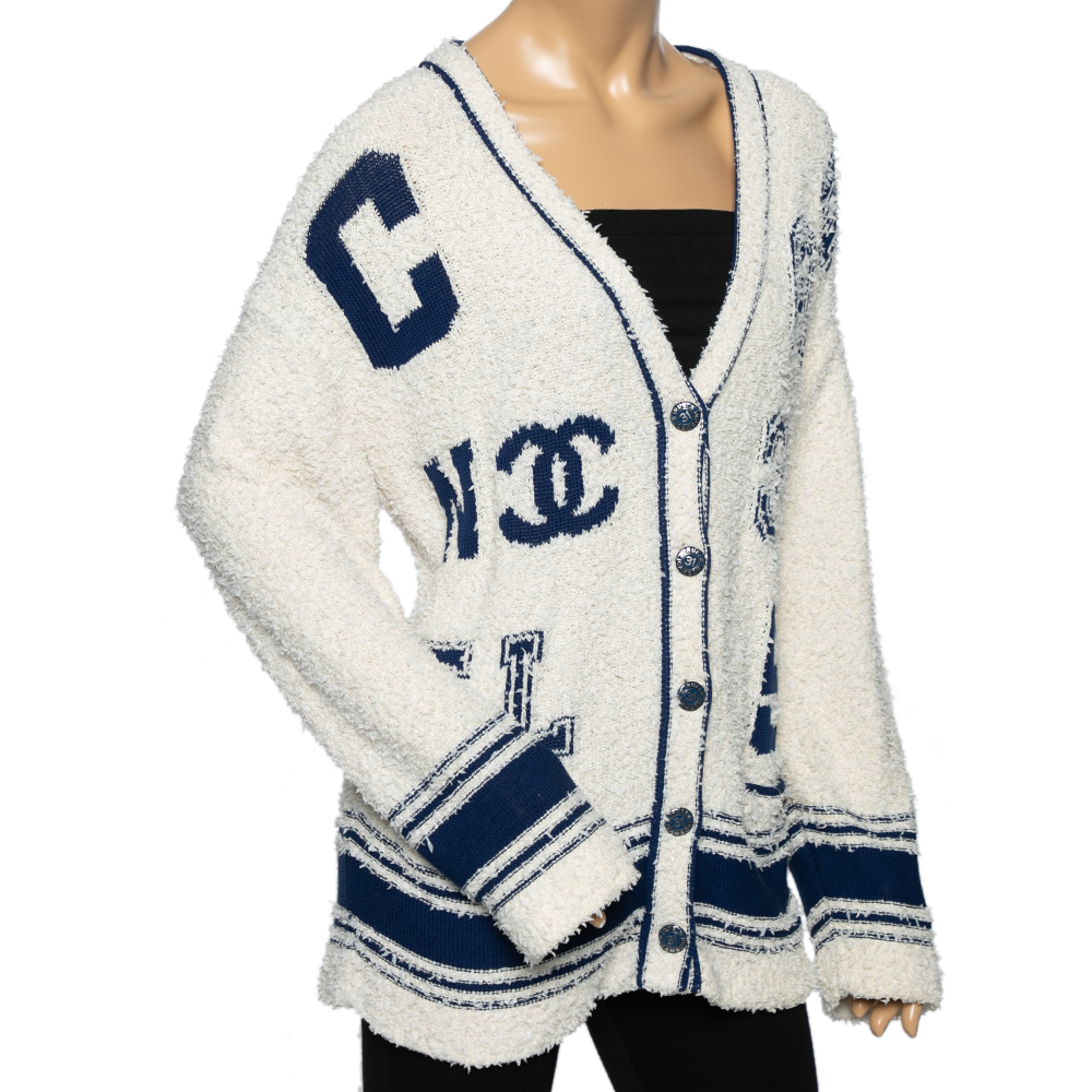 

Chanel Off White & Blue Boucle Button Front Varsity Cardigan