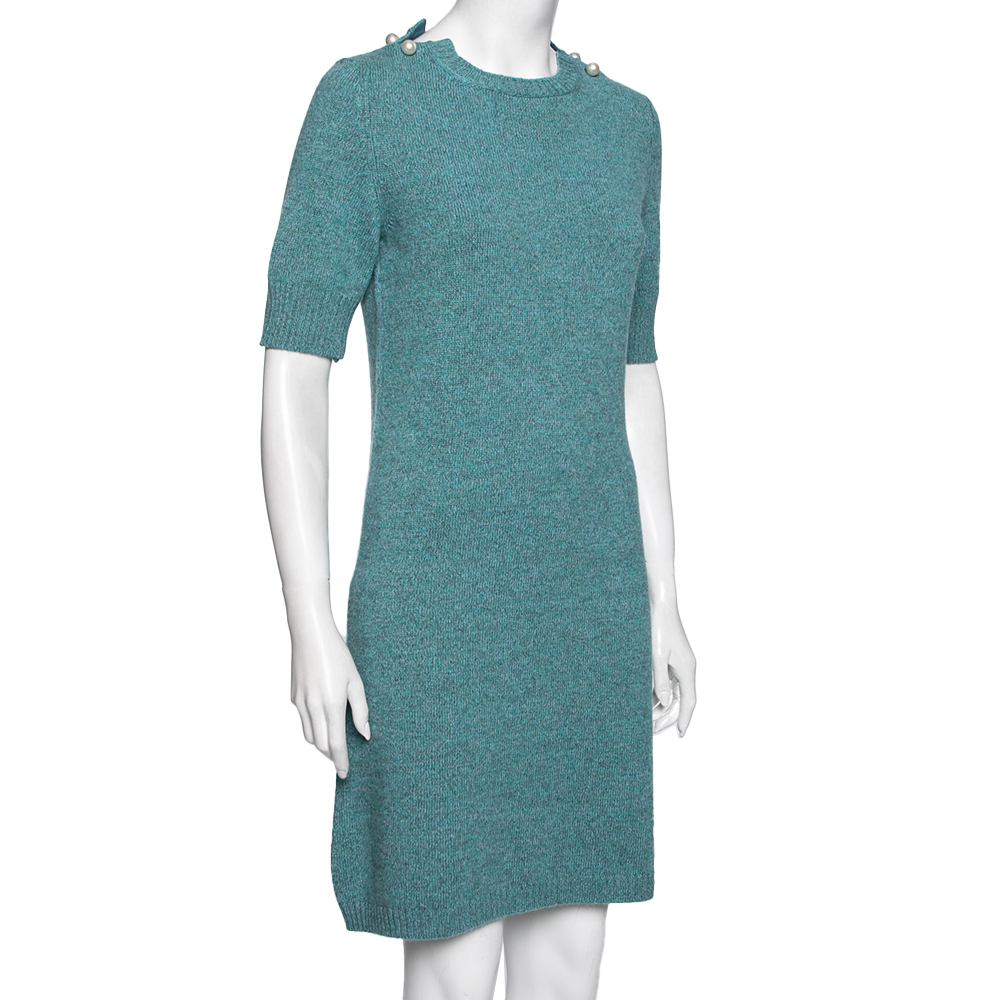 

Chanel Turquoise Blue Cashmere Pearl Embellished Short Sleeve Dress