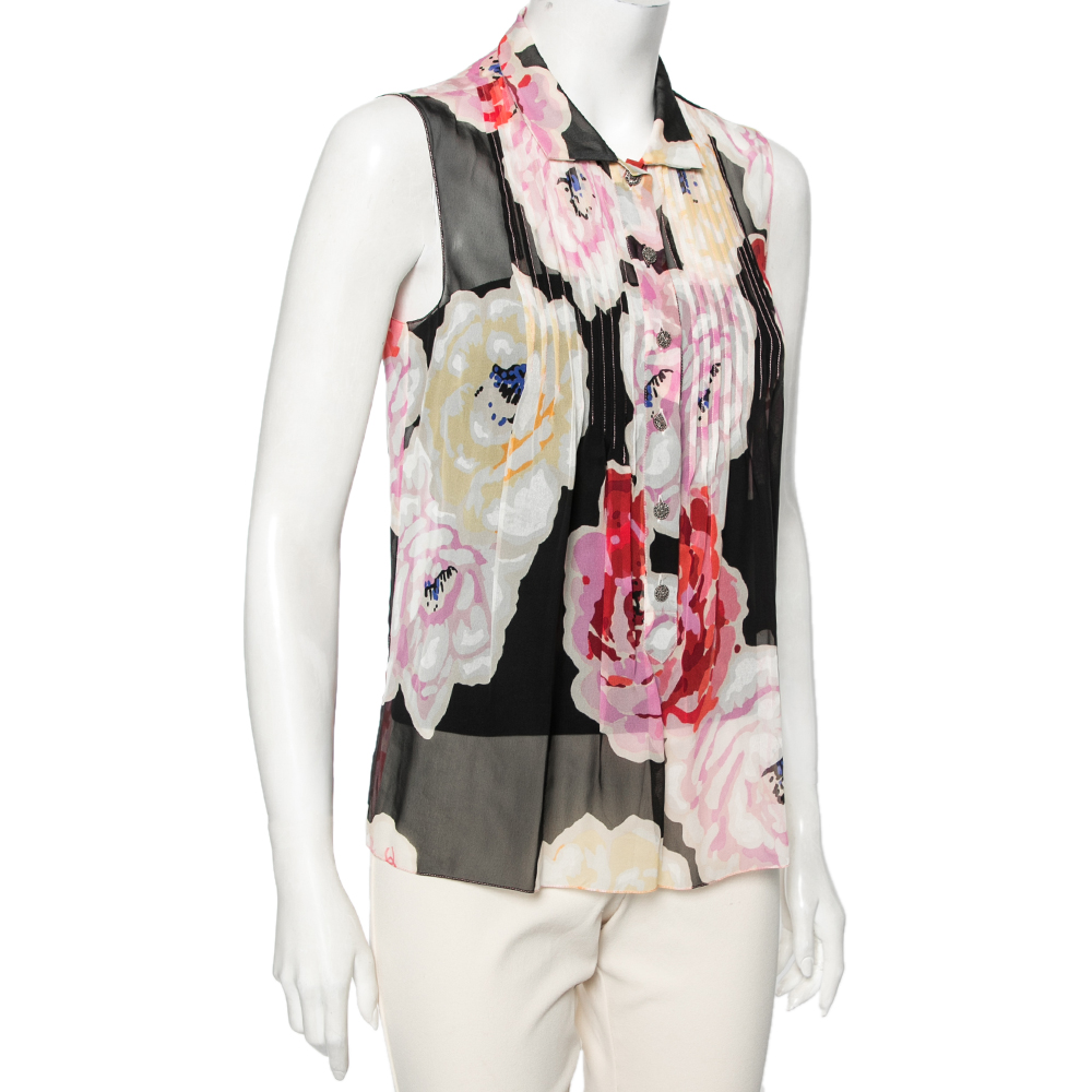 

Chanel Multicolor Floral Print Silk Pleated and Button Front Sleeveless Top