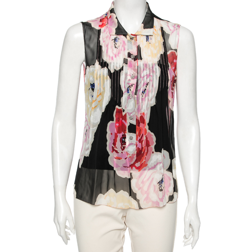 Chanel Multicolor Floral Print Silk Pleated and Button Front Sleeveless ...