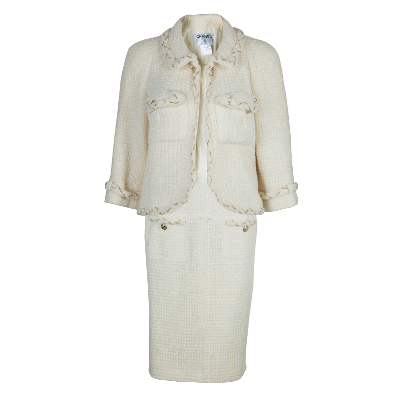 Chanel Cream Wool Textured Skirt Suit L