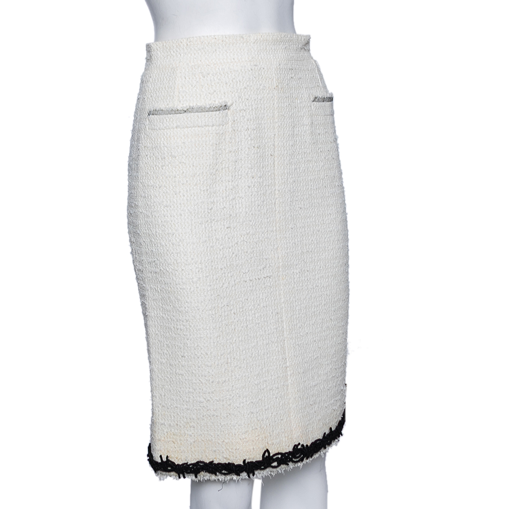 

Chanel Ivory Tweed Braided Trim Detailed Pencil Skirt, White