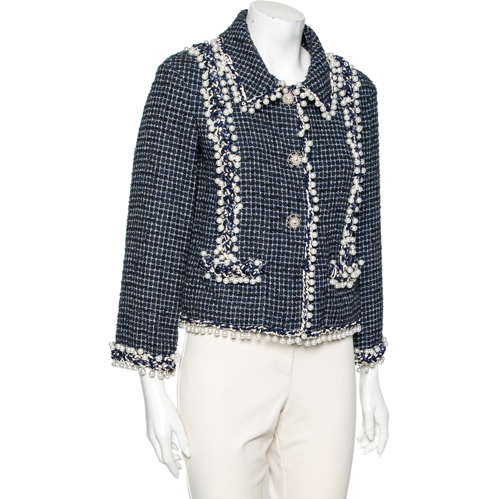 

Chanel Blue Tweed Pearl Embellished Button Front Jacket