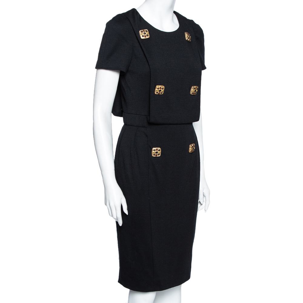 

Chanel Black Wool Brooch Embellished Overlay Paneled Dress
