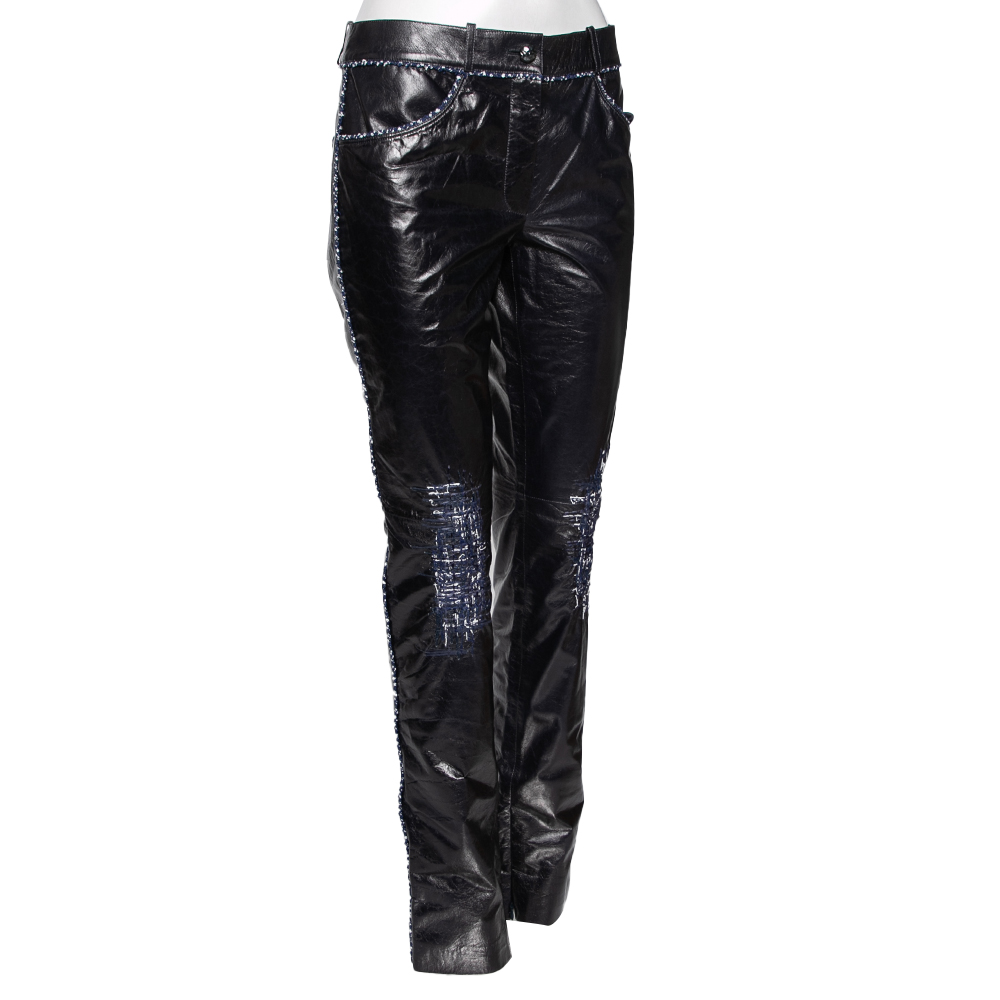 

Chanel Black Leather Contrast Tweed Detailed Pants