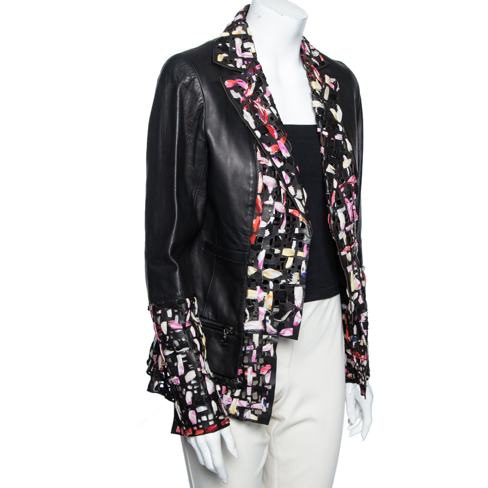 

Chanel Black Laser Cut Leather & Silk Inset Blazer Jacket