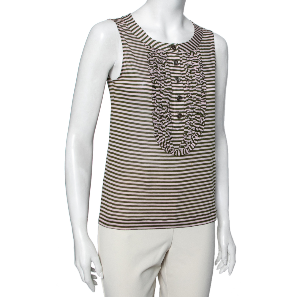 

Chanel Pink & Green Striped Cotton Ruffle Trim Detailed Tank Top