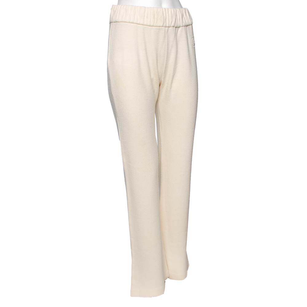 

Chanel Cream Wool Logo Embroidered Straight Pants