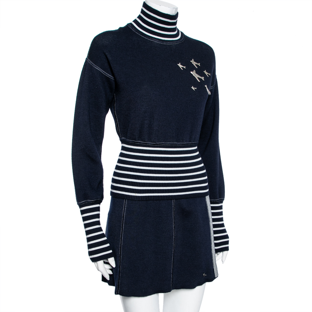 

Chanel Navy Blue & White Striped Knit Plane Embellished Jumper & Skirt Set