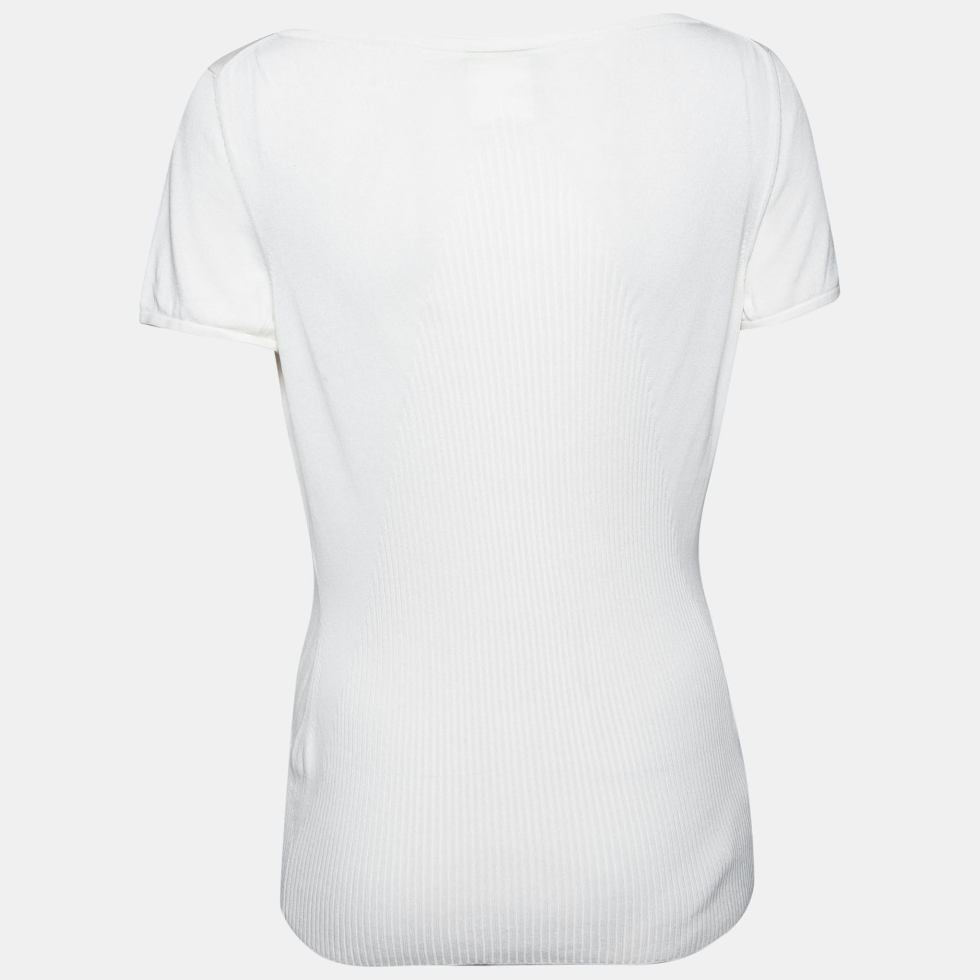 

Chanel Ivory Silk Knit Logo Applique Detail Short Sleeve Top, White