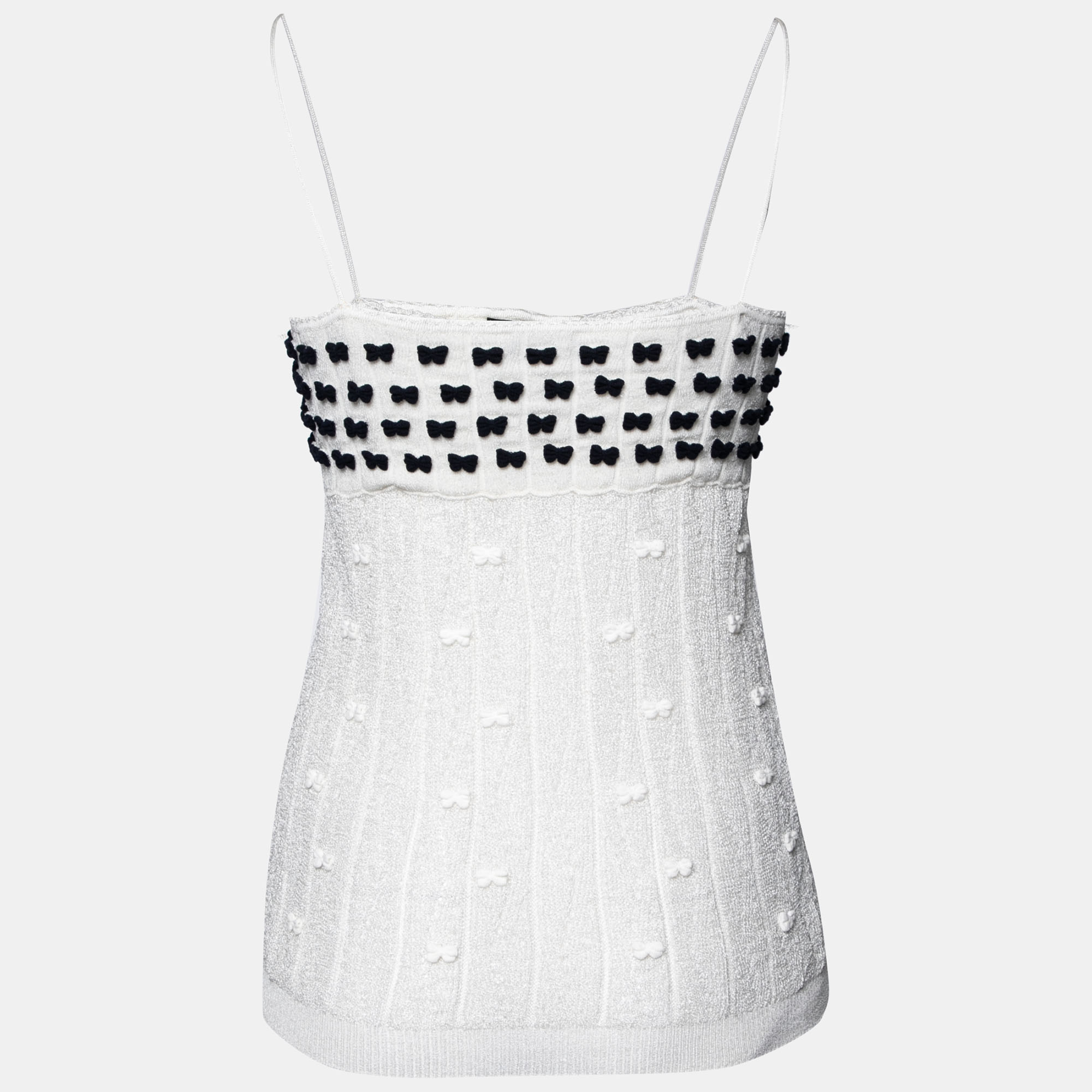 

Chanel White Perforated Knit Bow Appliqued Sleeveless Top