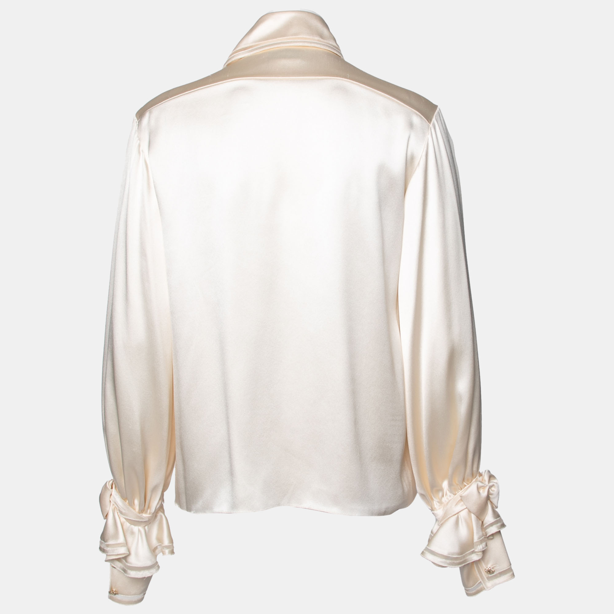 

Chanel Ivory Satin Silk Bow Applique Detailed Button Front Blouse, Cream