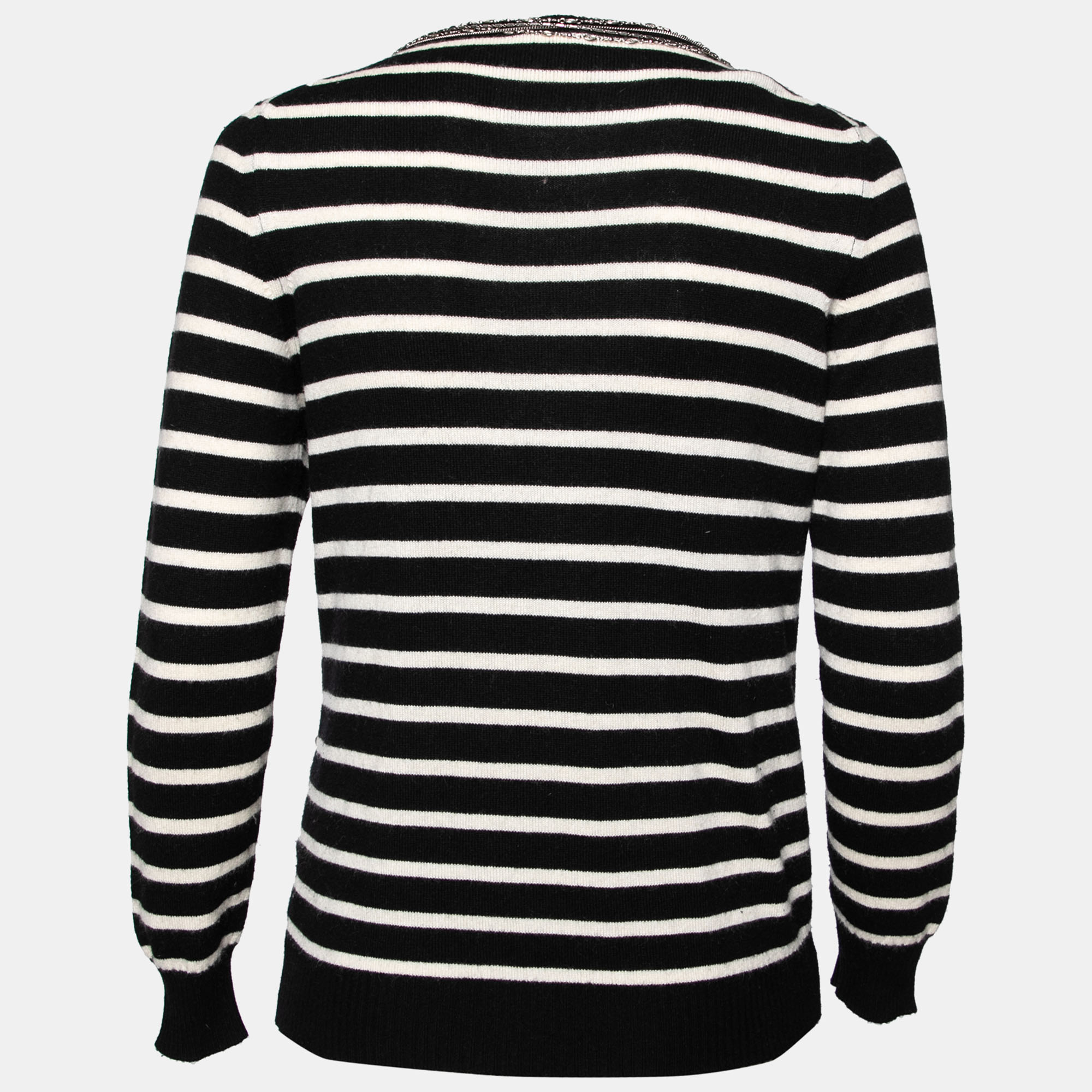 

Chanel Black and White Stripe Cashmere Chain and Crystal Embellished Sweater