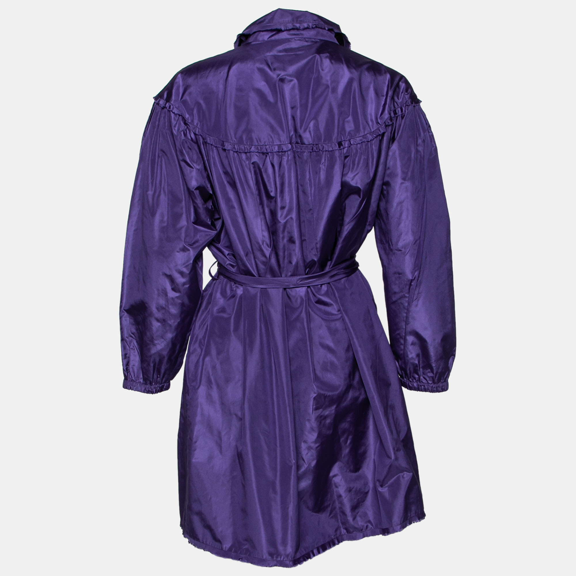 

Chanel Purple Silk Puffy Ruffle Trimmed Belted Button Front Coat