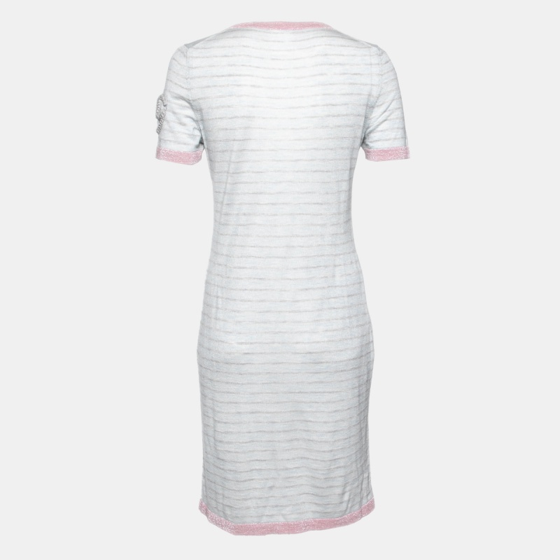 

Chanel Pale Blue Striped Cashmere Knit Logo Embroidered Dress