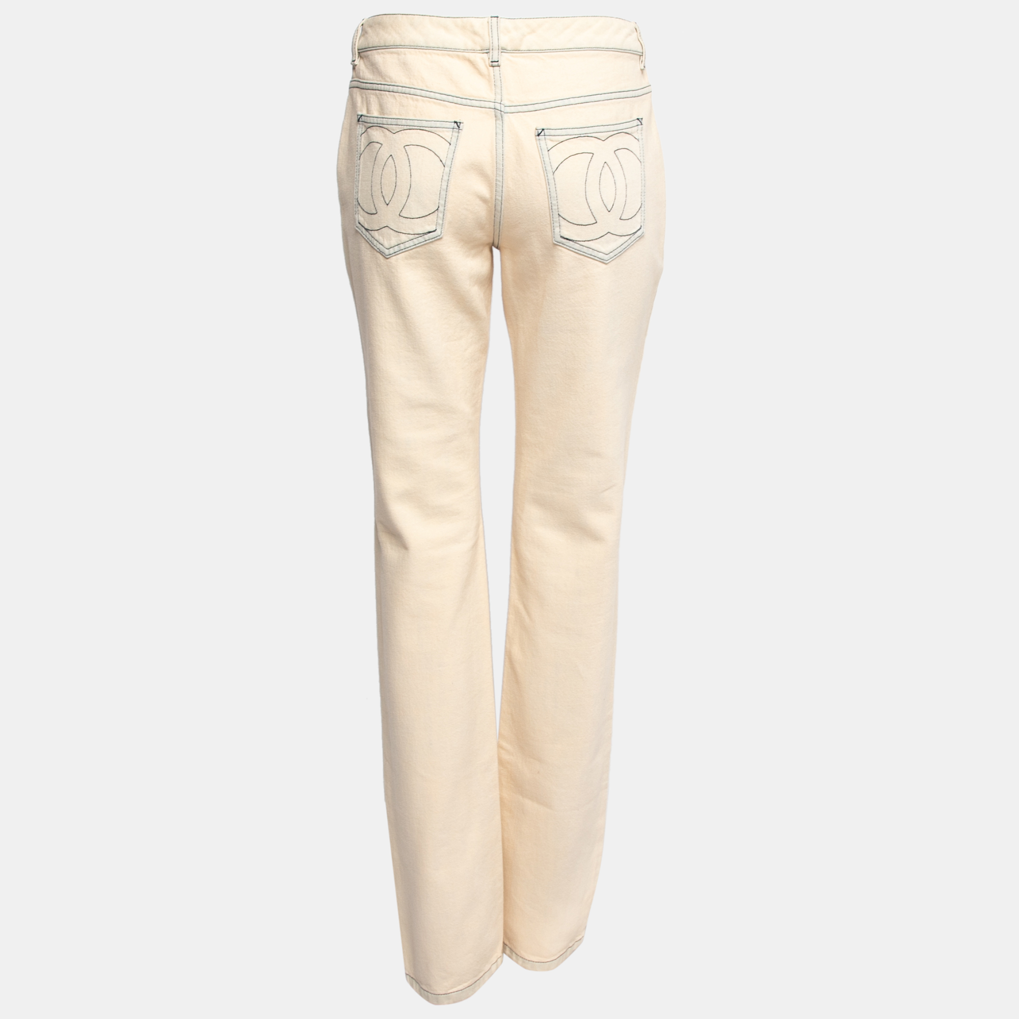 

Chanel Cream Denim Embroidered Logo Detail Straight Leg Jeans