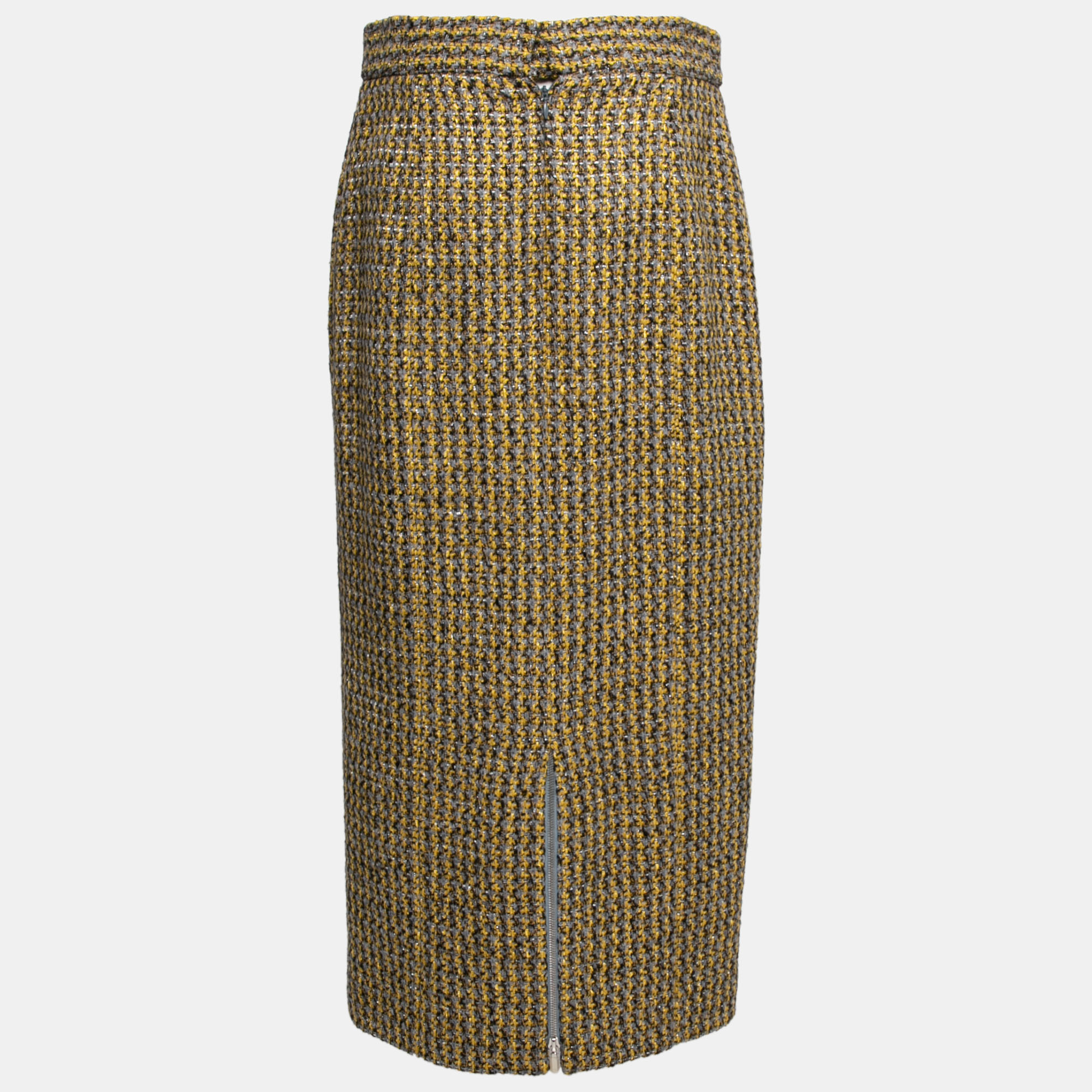 

Chanel Yellow & Grey Lurex Tweed Zip Detail Midi Skirt