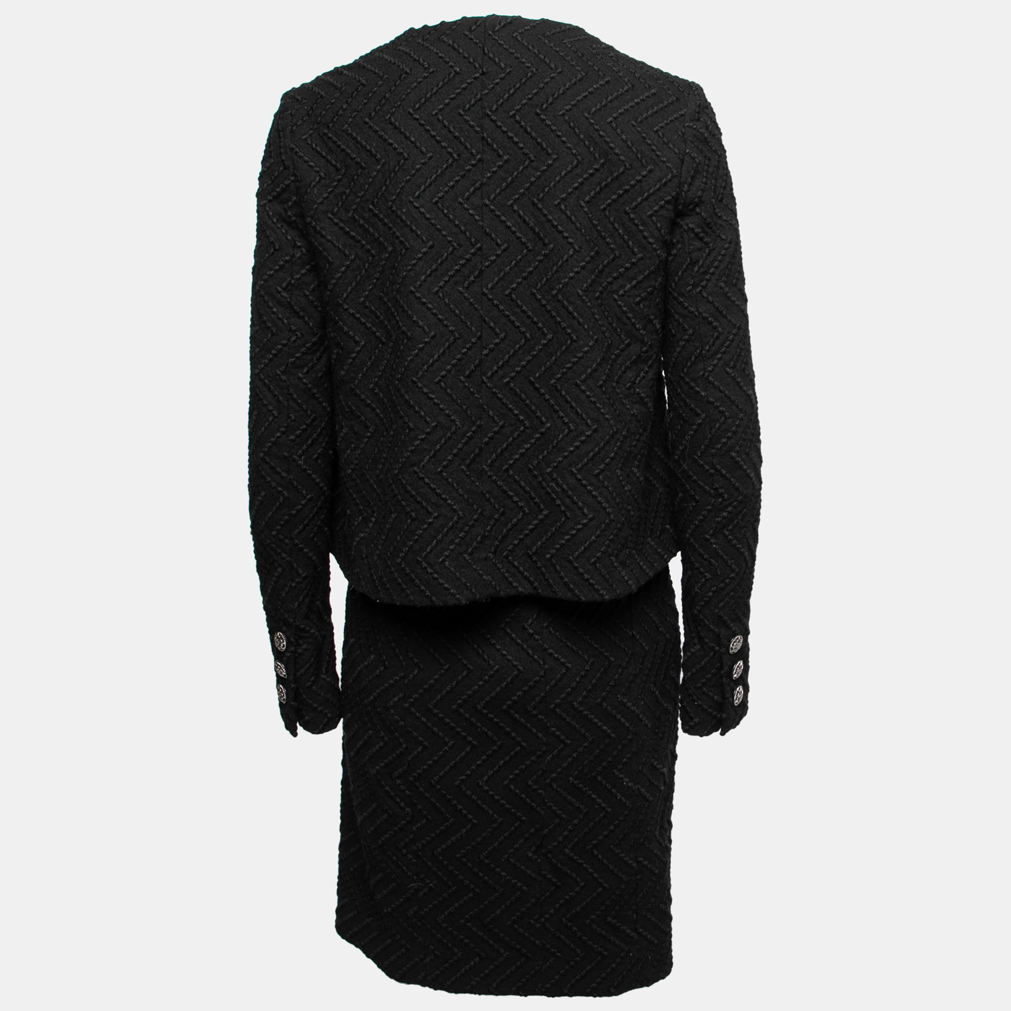 

Chanel Black Patterned Wool Open Front Blazer & Pencil Skirt Set