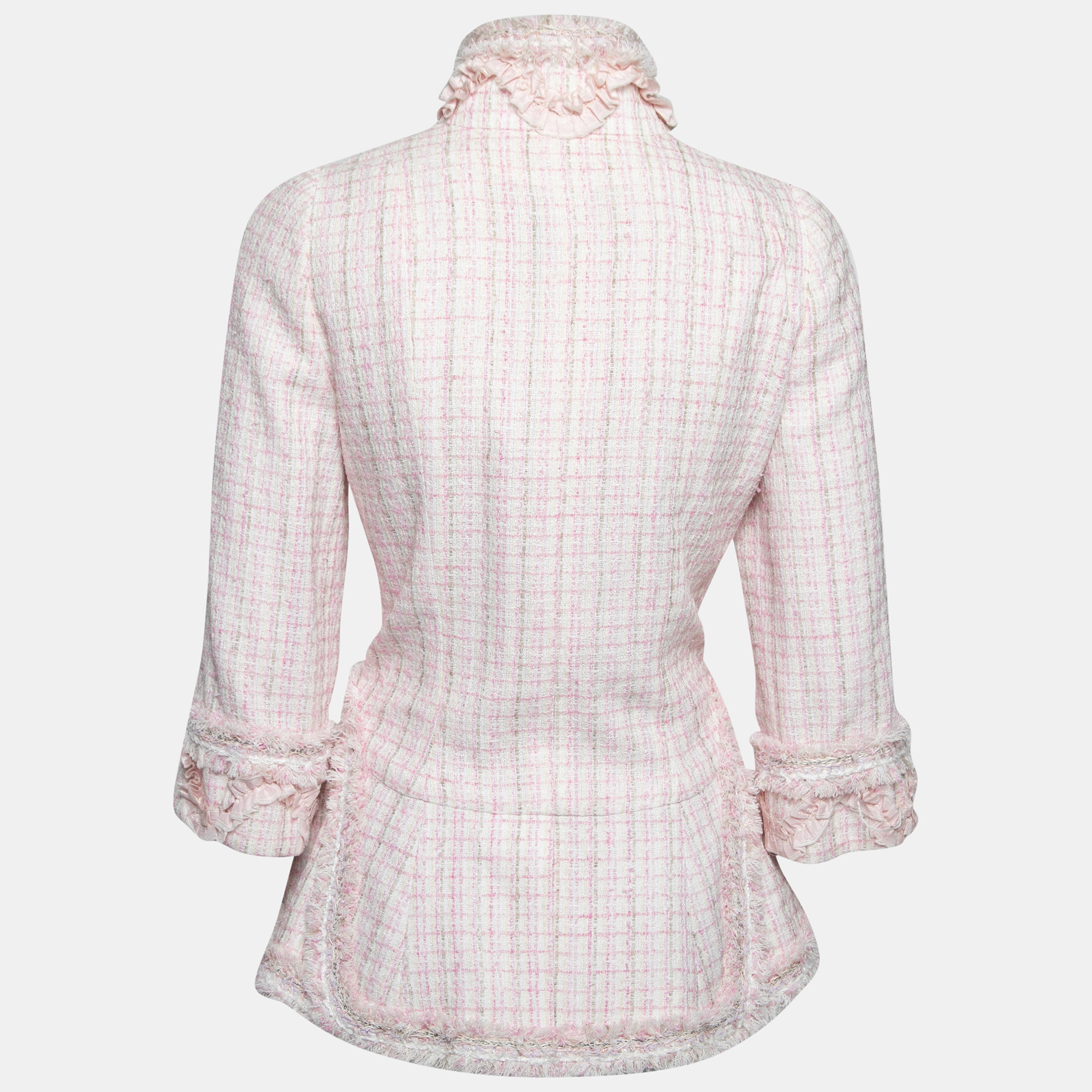 

Chanel Pink Tweed Floral Brooch Detail Button Front Jacket