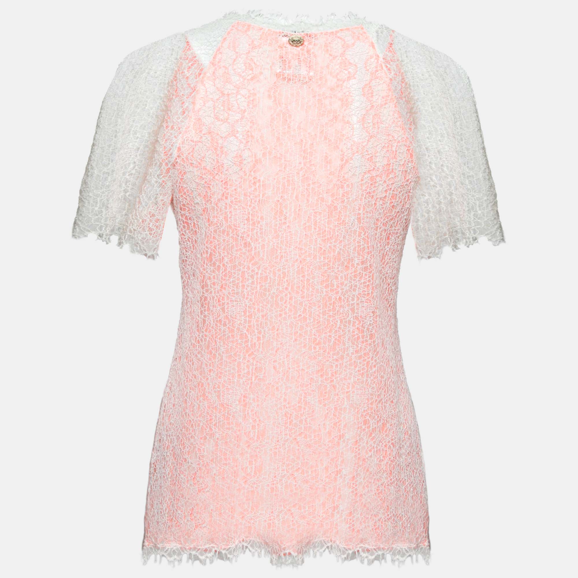 

Chanel Orange and White Lace V Neck Short Sleeve Top