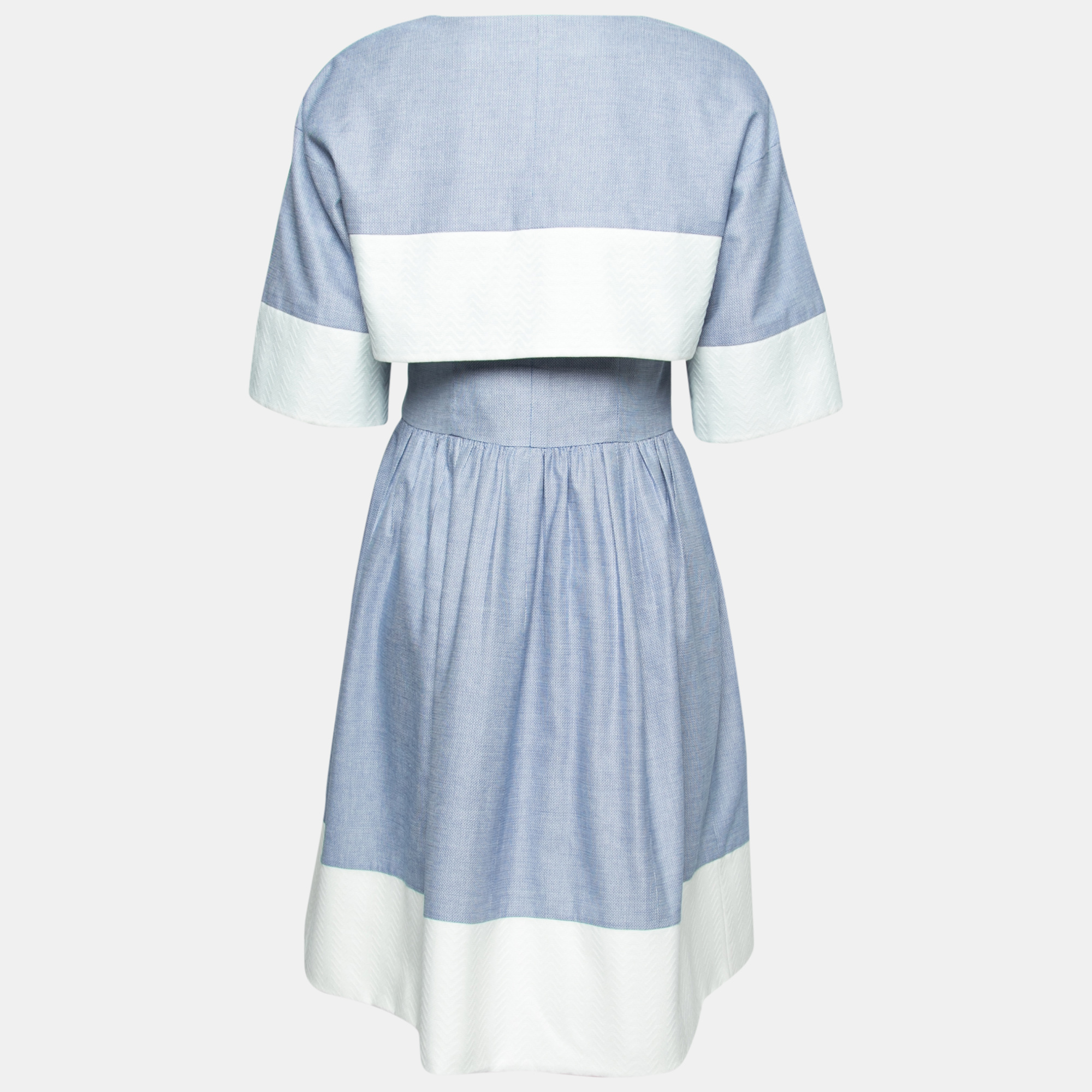 

Chanel White and Blue Cotton With Cropped Jacket Ruched Dress