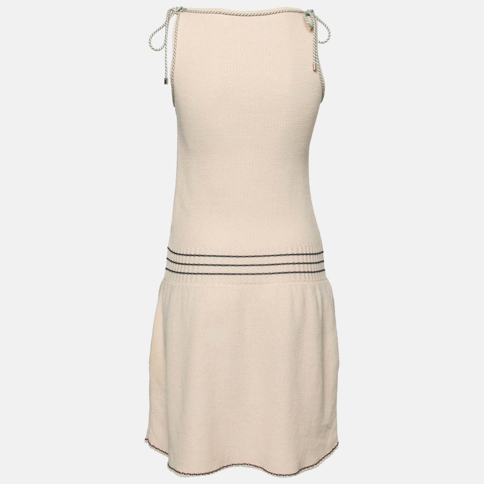 

Chanel Beige Textured Knit Sleeveless Drawstring Detail Flared Dress