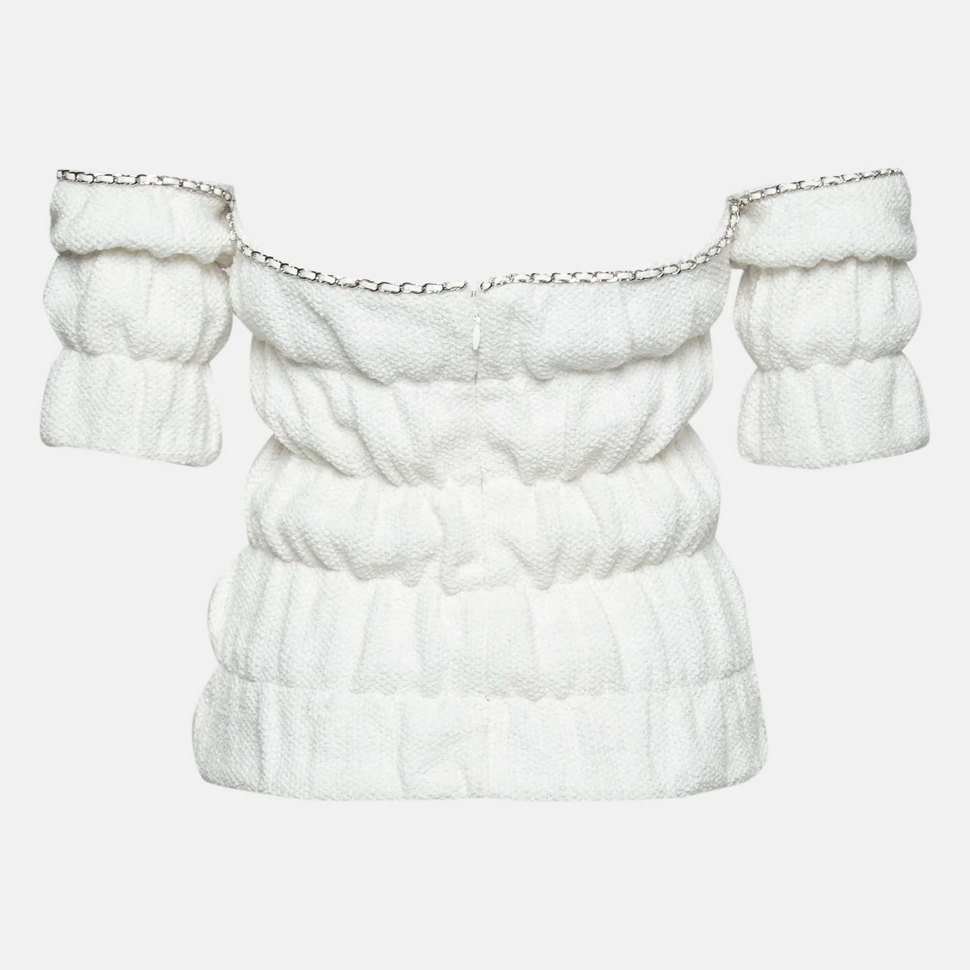 

Chanel White Cotton Knit Ruched Off-Shoulder Top