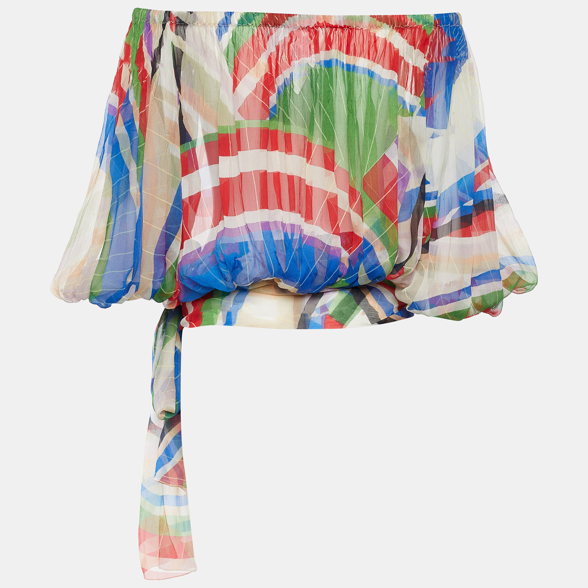 

Chanel Multicolour Silk Plisse Stripes Print Tie Up Blouse, Multicolor