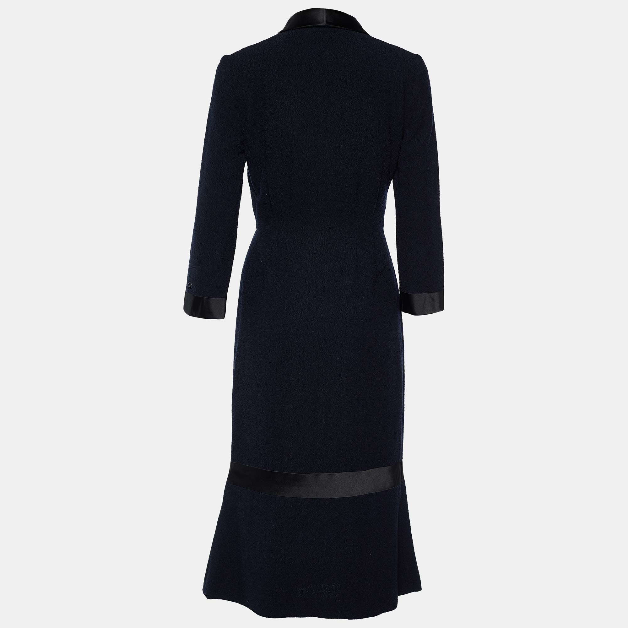 

Chanel Navy Blue Wool & Silk Trim Tie Front Dress