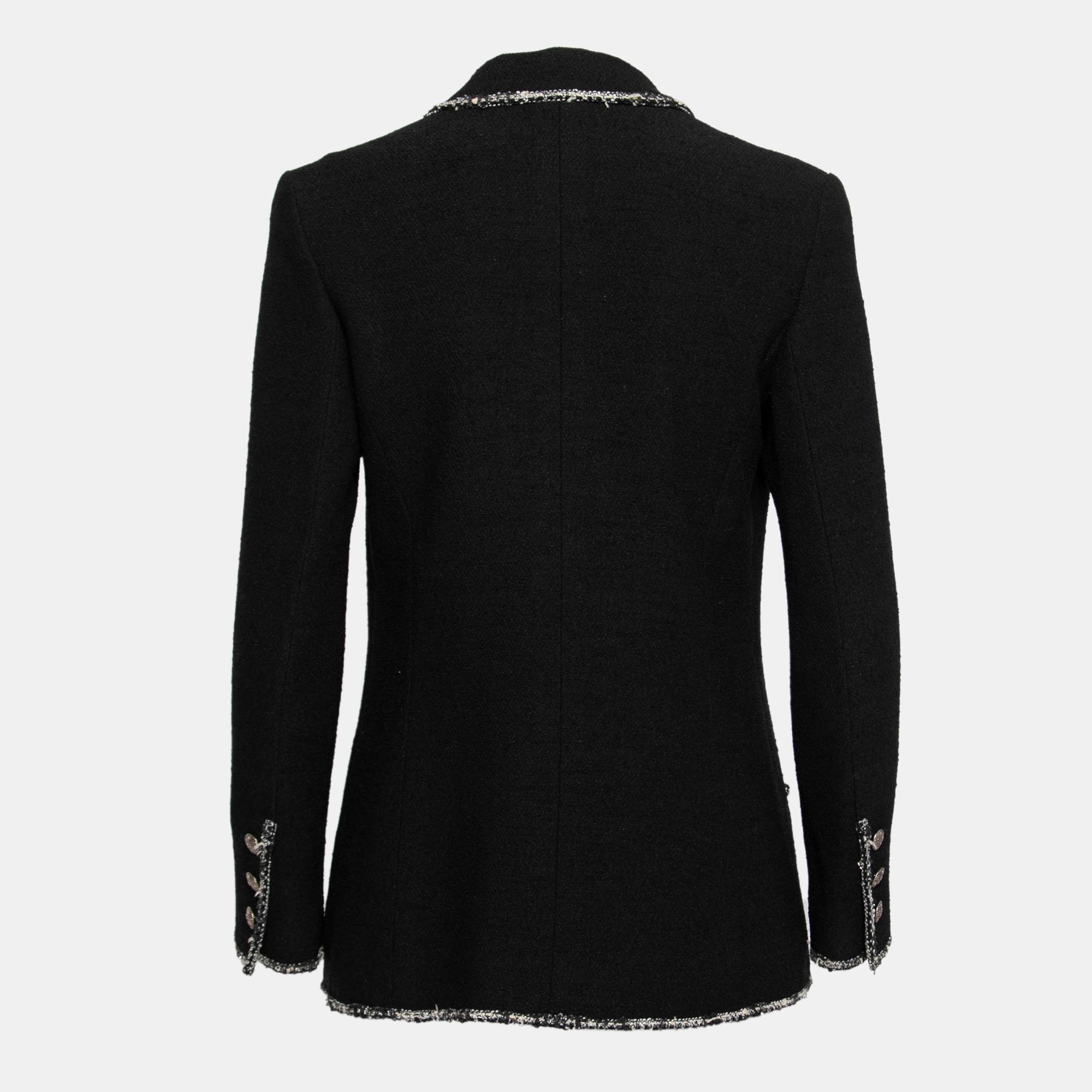 

Chanel Black Wool Tweed Trim Logo Embroidered Pocket Blazer