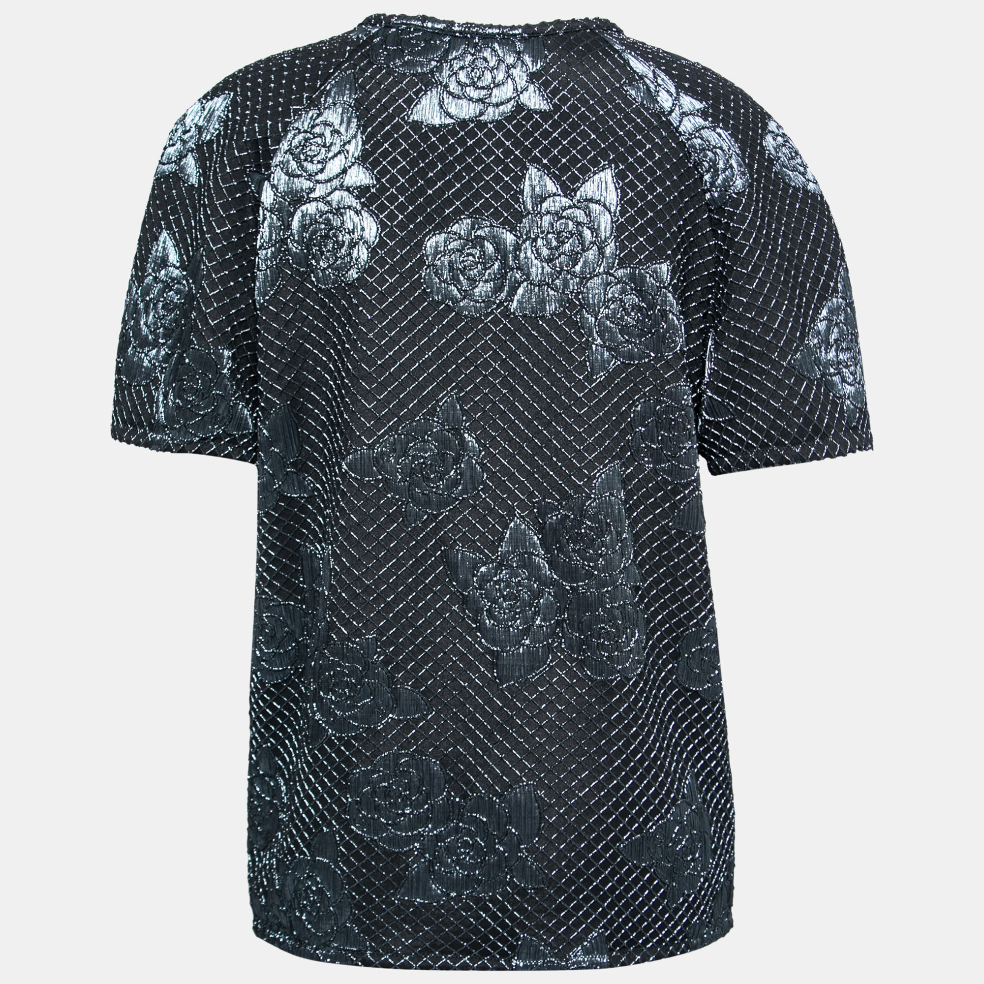 

Chanel Navy Blue Stretch Jersey Camellia Embroidered Blouse