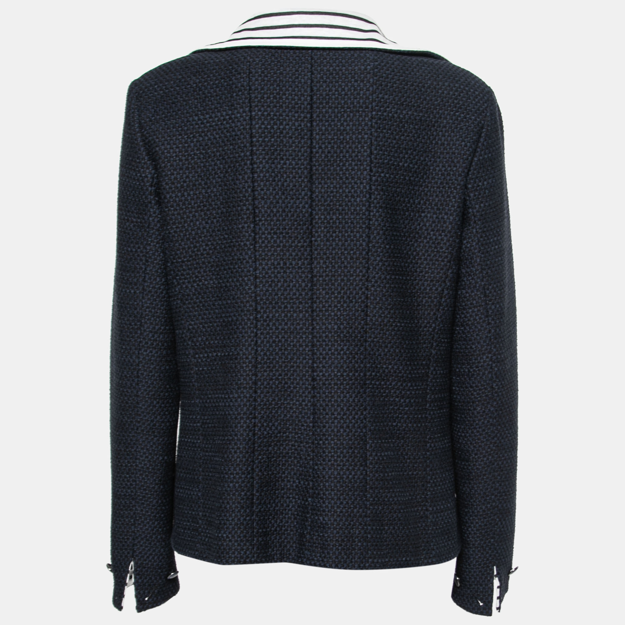 

Chanel Blue & White Tweed Stripe Detail Zip Front Jacket