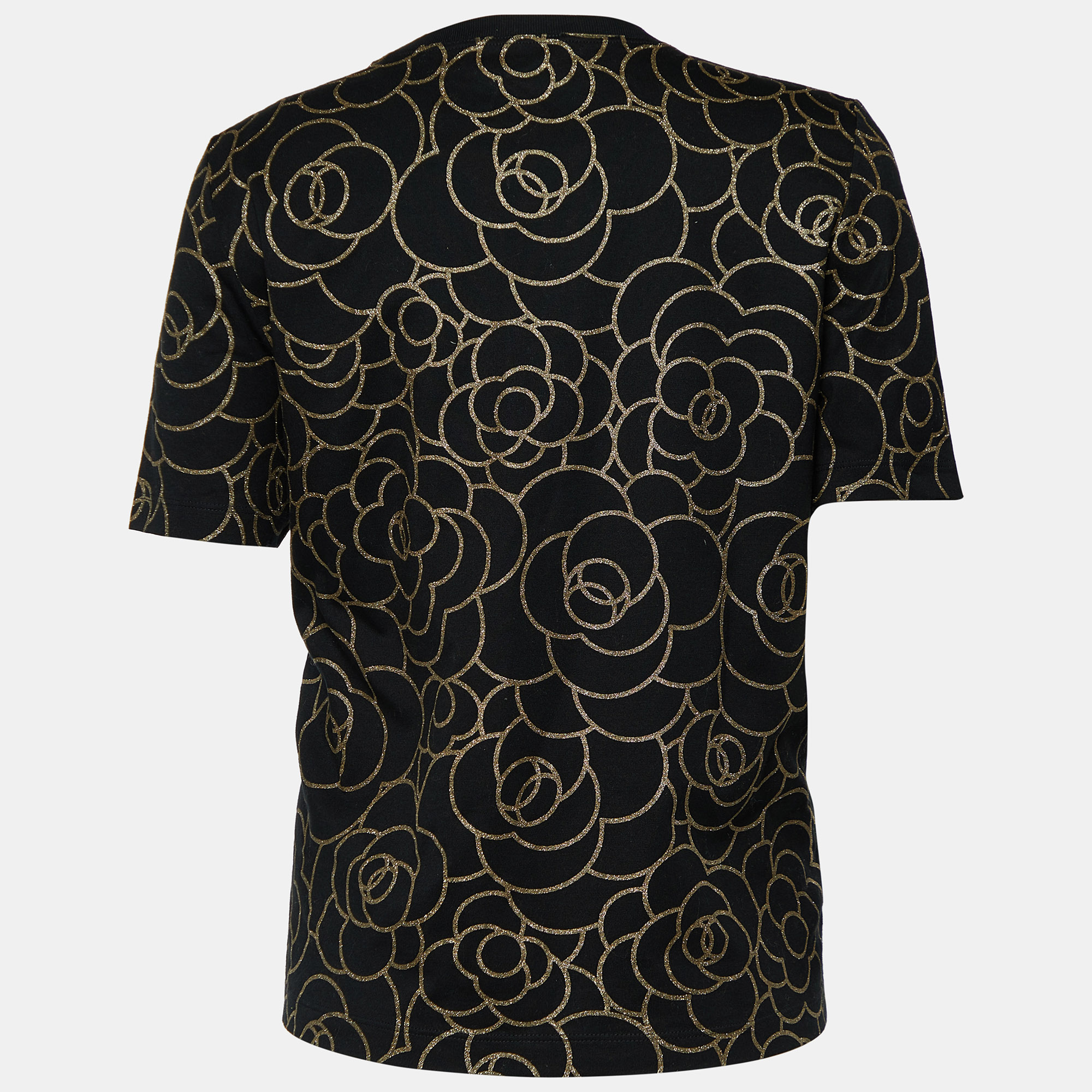 

Chanel Black Camelia Glitter Print Cotton Crew Neck T-Shirt