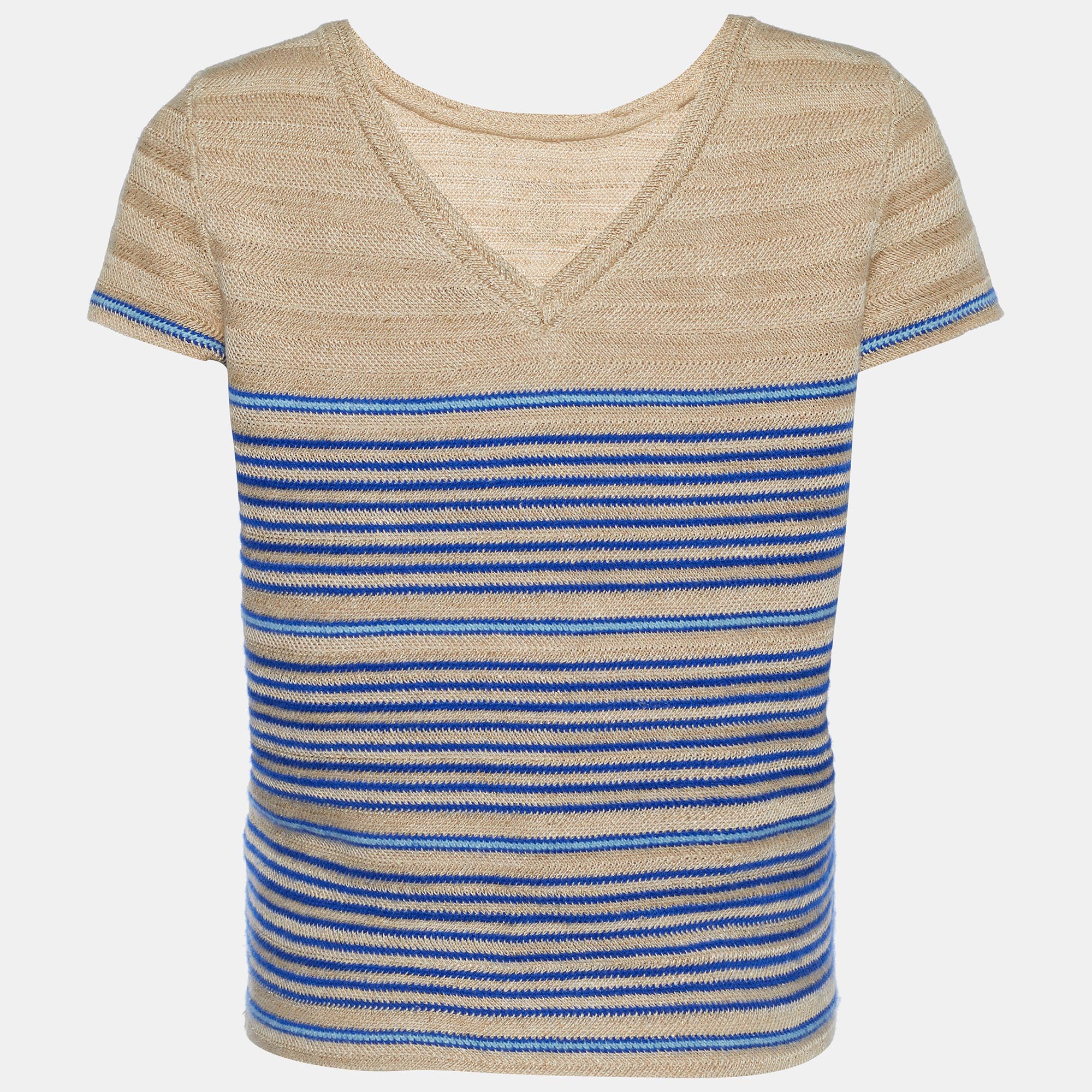 

Chanel Beige & Blue Striped Linen Cashmere Knit CC Logo Detail Top