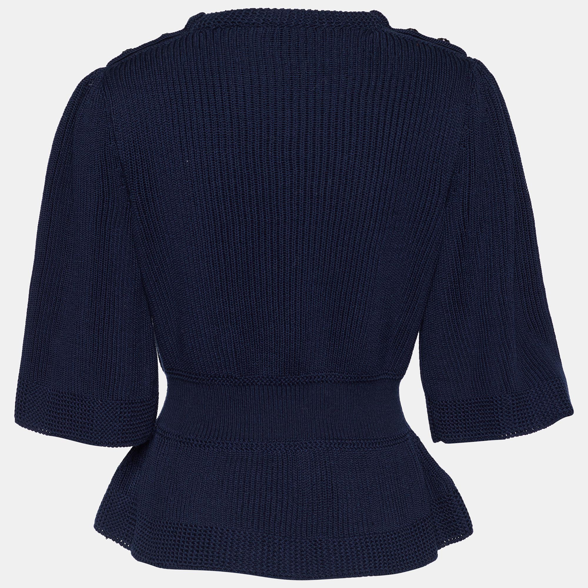 

Chanel Navy Blue Cotton Rib Knit Button Detail Peplum Sweater
