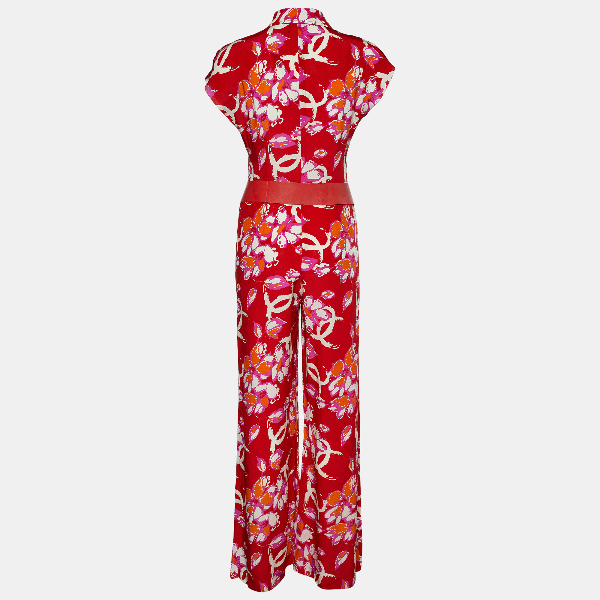 

Chanel Red CC Floral Printed Silk Belted Jumpsuit