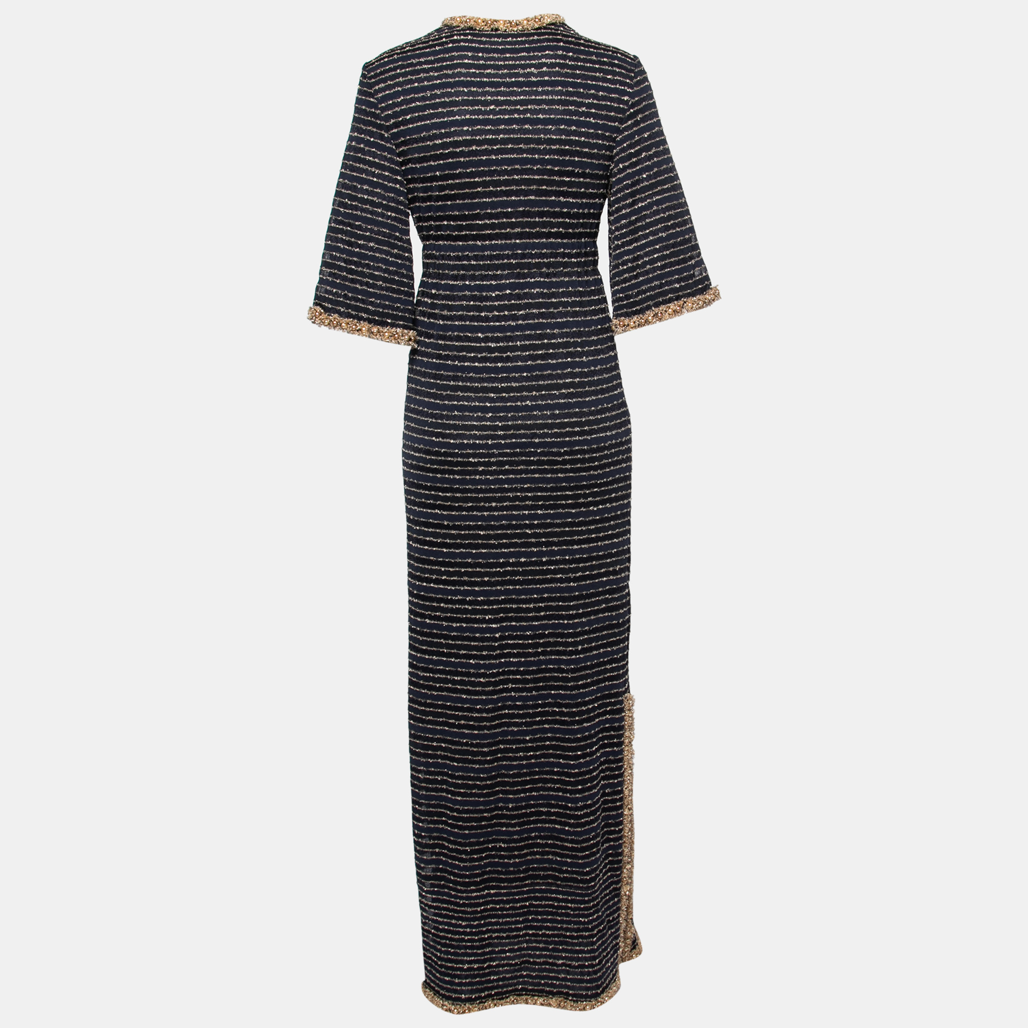 

Chanel Blue & Gold Lurex Knit Beaded Trim Maxi Dress
