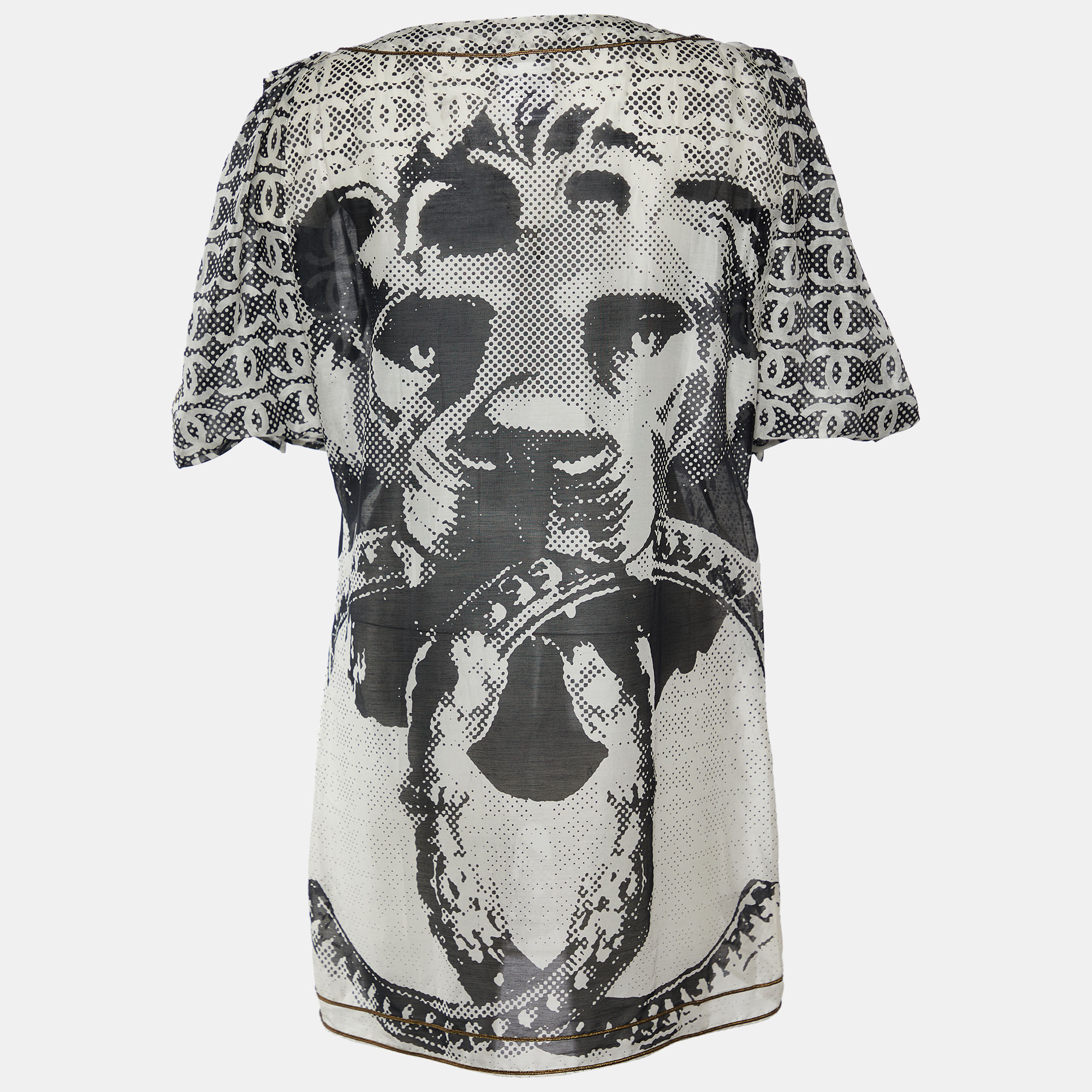 

Chanel Black and White Lion Printed Cotton & Silk Tie Detail Top