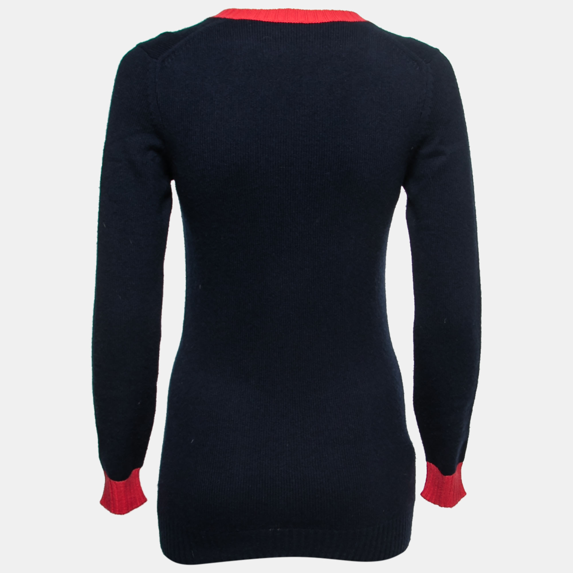 

Chanel Navy Blue Cashmere Knit Crest Embroidered V-Neck Sweater