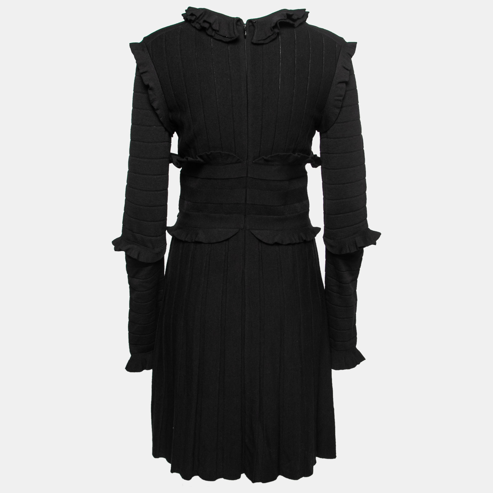 

Chanel Black Wool Ruffle Trimmed Pleated Dress