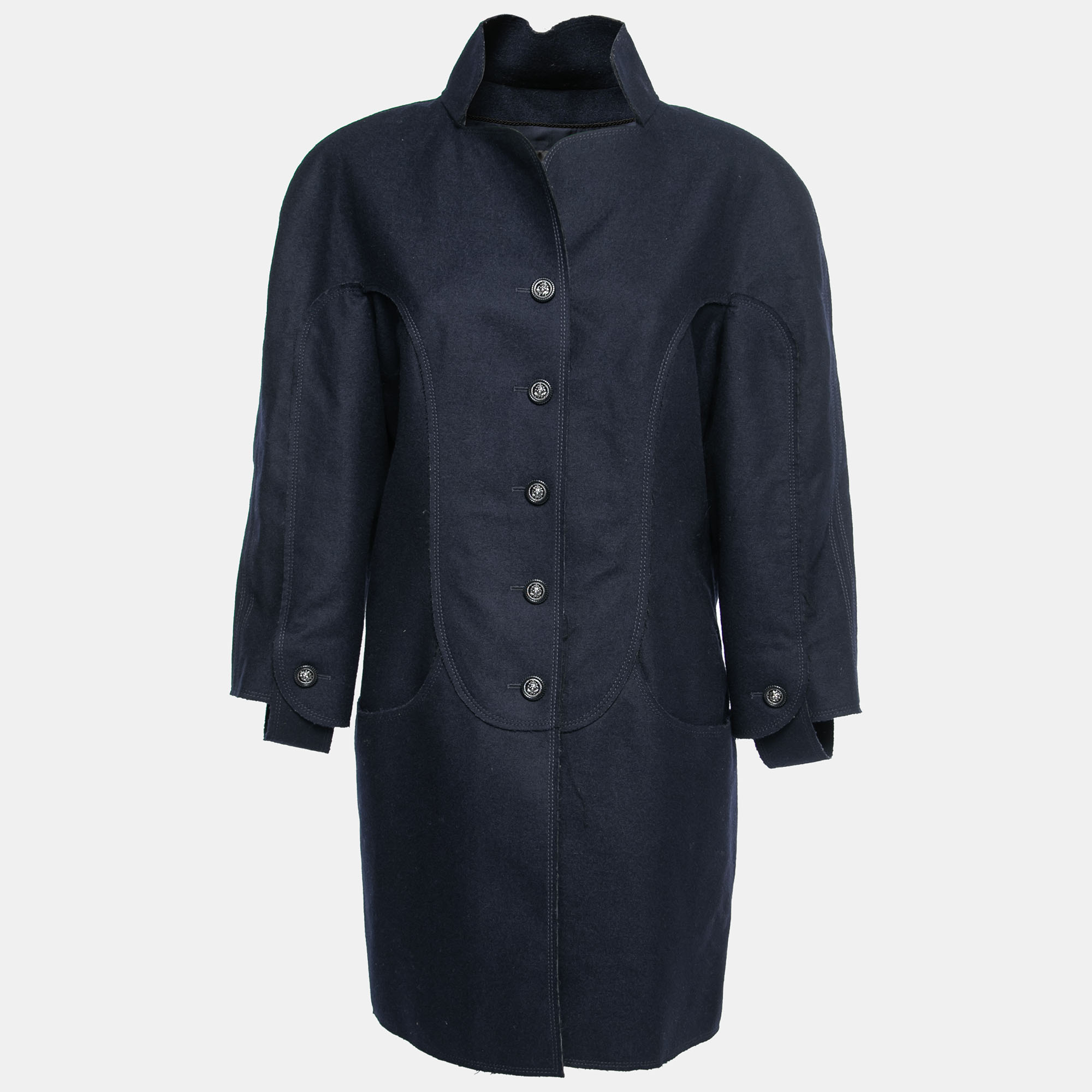 Pre-owned Chanel Navy Blue Wool Button Front Coat Xl