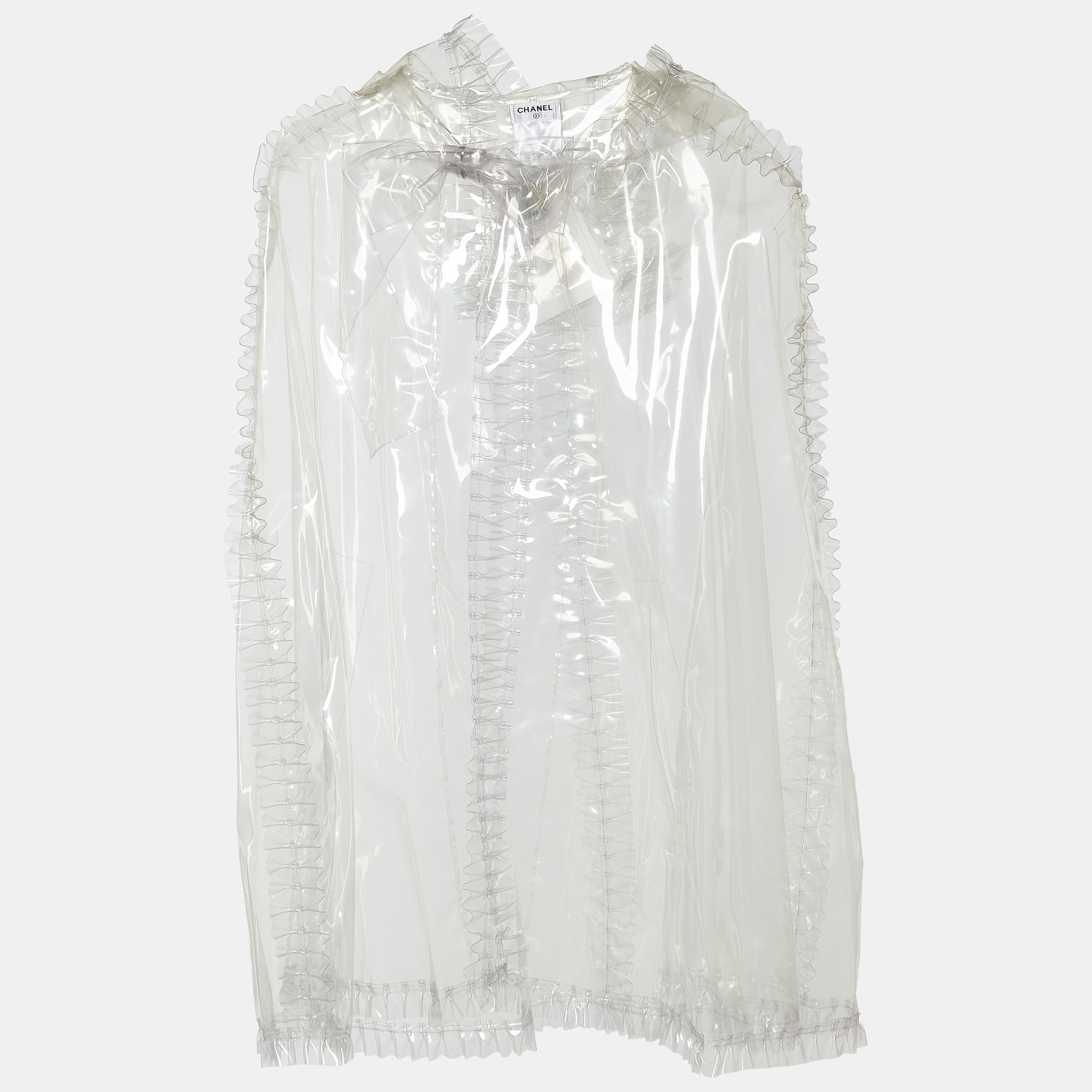 Pre-owned Chanel Transparent Ruffle Detail Hooded Poncho L