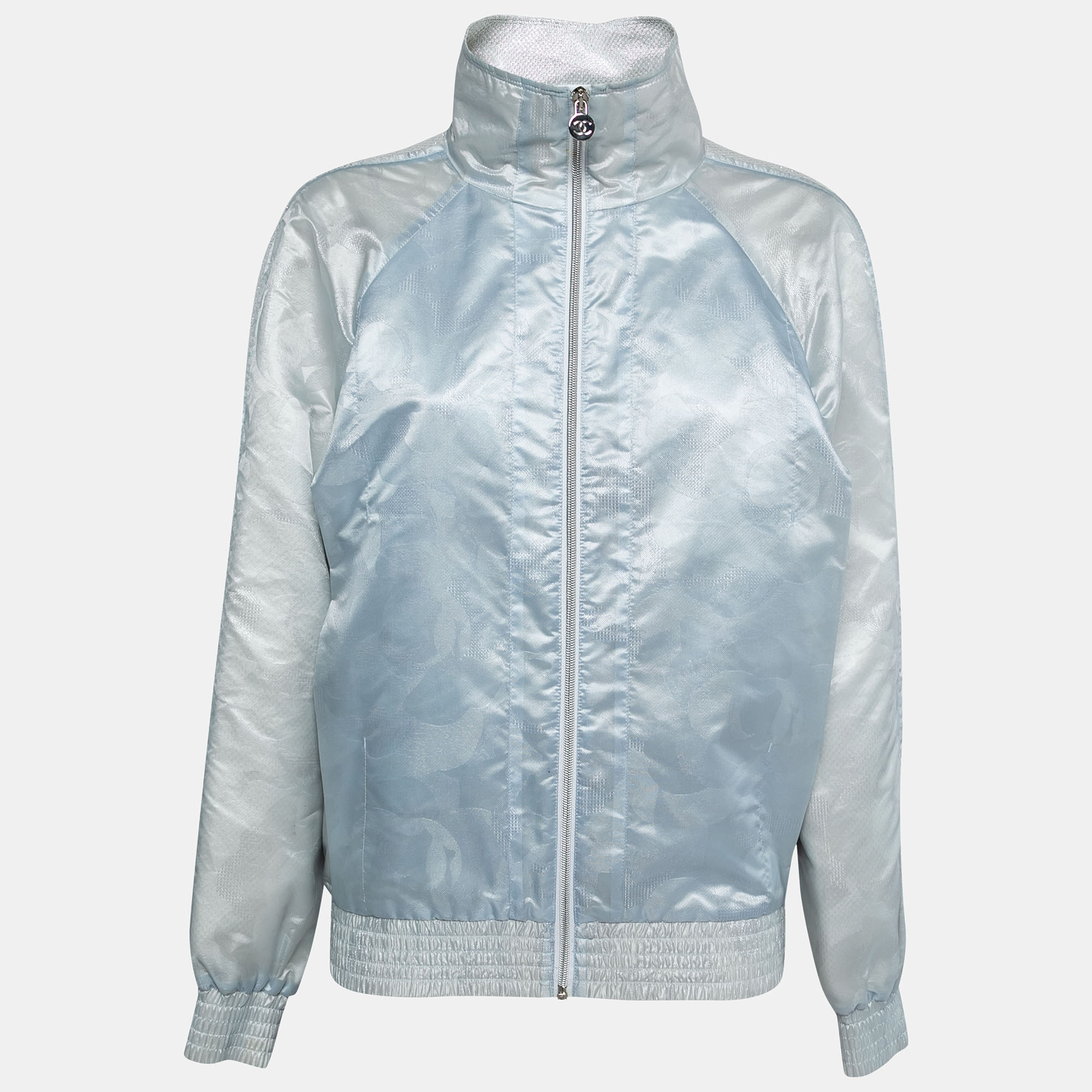 Pre-owned Chanel Light Blue Jacquard Zip-up Track Jacket M
